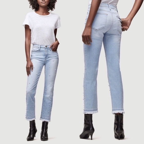 FRAME Le High Straight Double Frayed Hem Pearl Jean 45024 - Picture 1 of 14